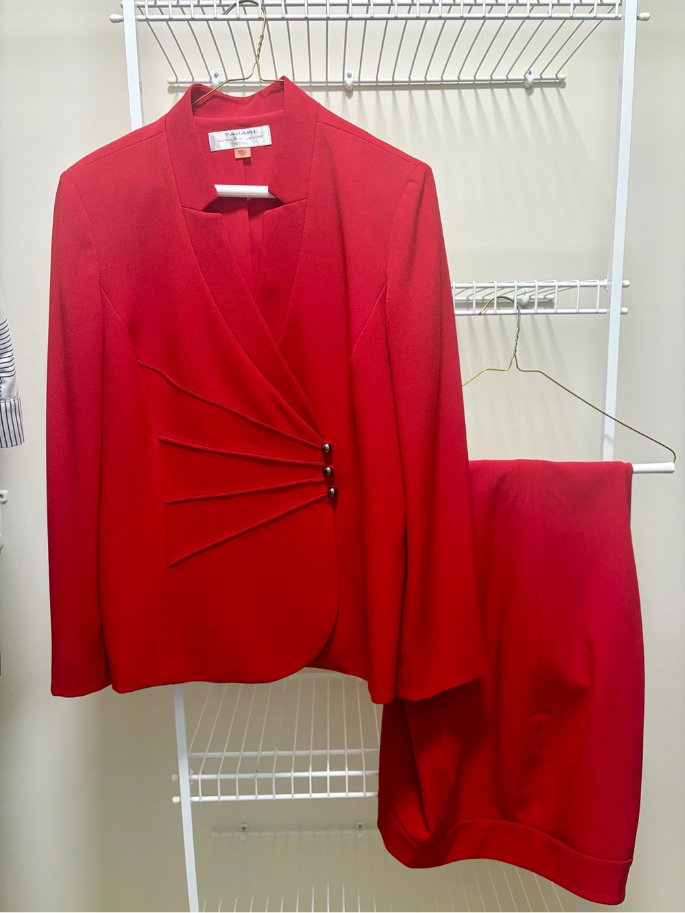 Tahari ASL Red Pleated 2 Piece Front Blazer and Pant Set